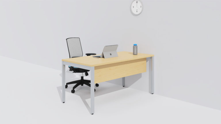Desk by the wall with work tools on it and a chair