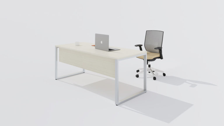 Desk with work tools and an office chair behind it