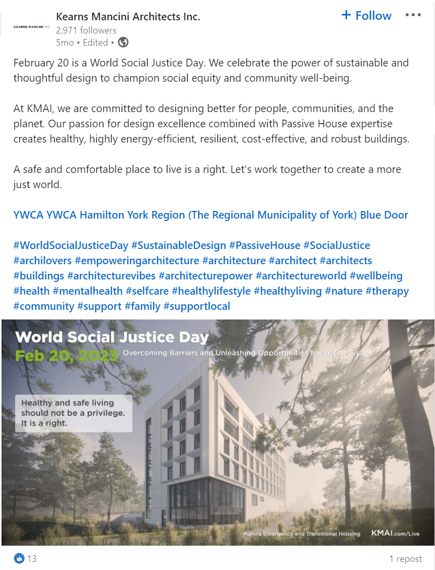 a facebook page with the words world social justice day and an image of a building.